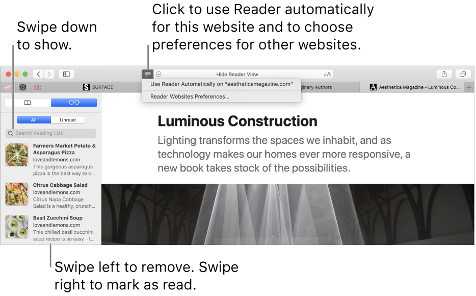 A Safari window with a Reading List displayed.