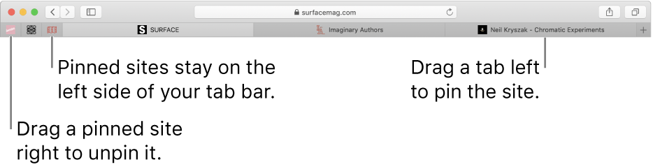 Pinned sites in the Safari tab bar.