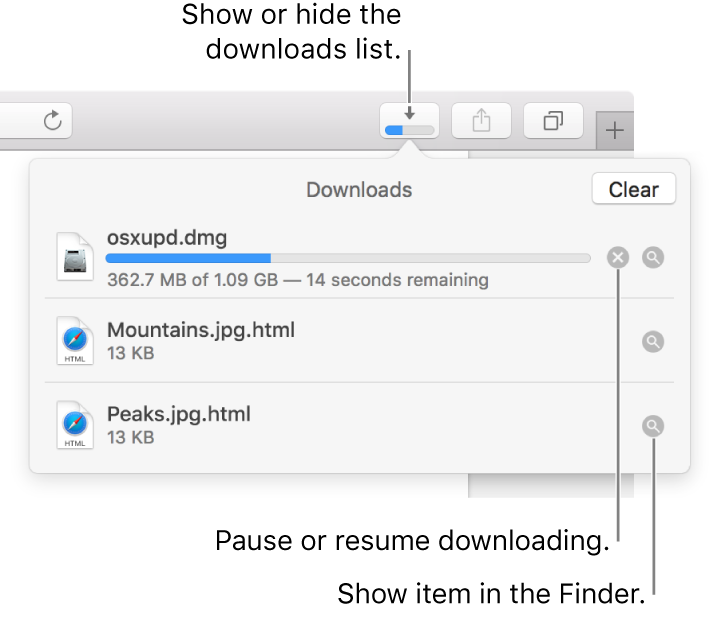 The Downloads button in the toolbar, with the downloads list below it.