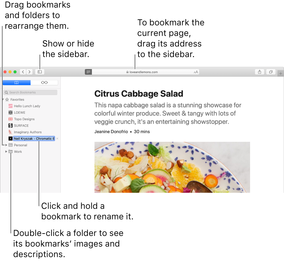 A Safari window showing bookmarks in the sidebar; one bookmark is selected for editing.