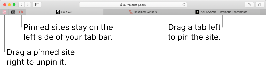 Pinned sites in the Safari tab bar.