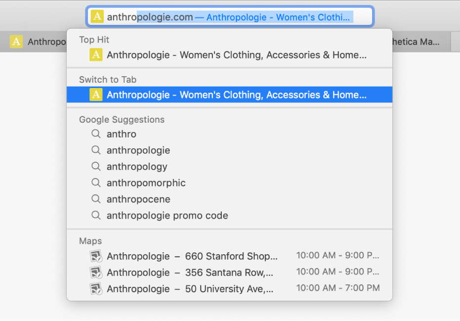A Safari window with the first part of a website address entered in the Smart Search field. The same website appears in the results list under Switch to Tab, because it’s already open in another tab.