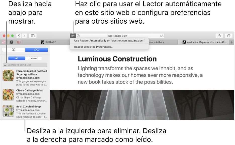 Una ventana de Safari con una lista de lectura visible.