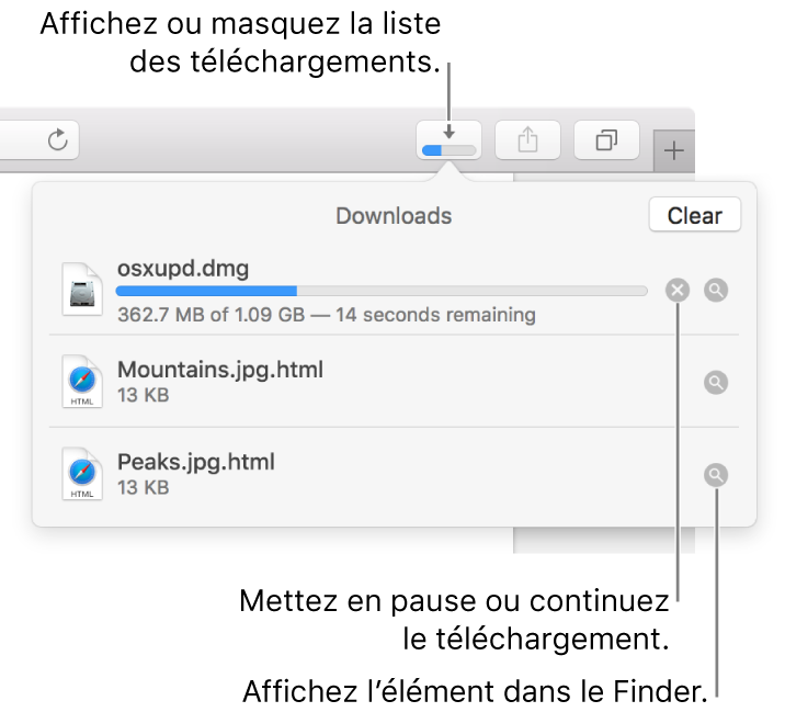 Le bouton Téléchargements de la barre d’outils, avec la liste de téléchargements sous celui-ci.