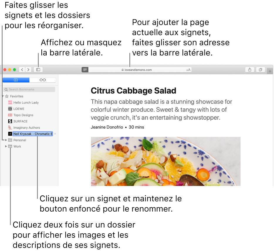 Une fenêtre Safari affichant les signets de la barre latérale ; l’un d’eux est sélectionné en vue d’être modifié.