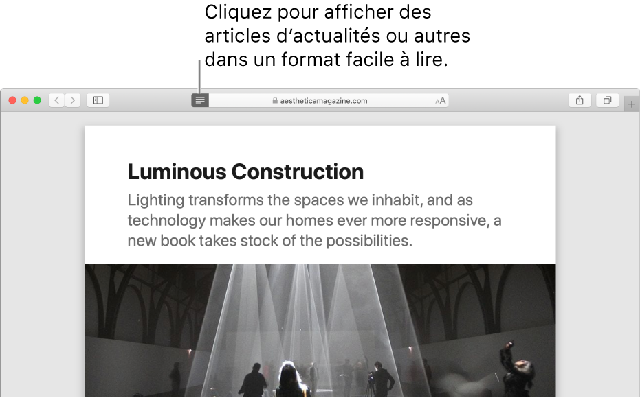 Un article affiché dans le lecteur, toutes les publicités et fonctions de navigation sont enlevées.