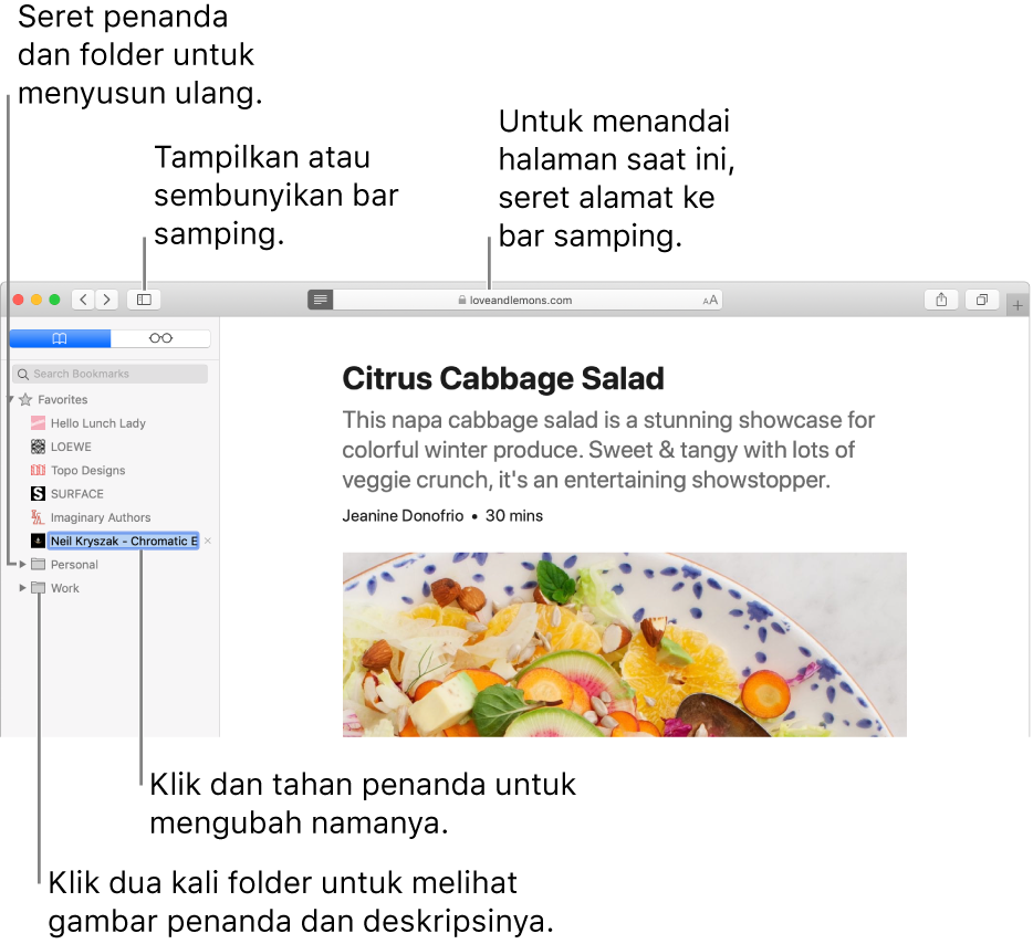 Jendela Safari menampilkan penanda di bar samping; satu penanda dipilih untuk pengeditan.