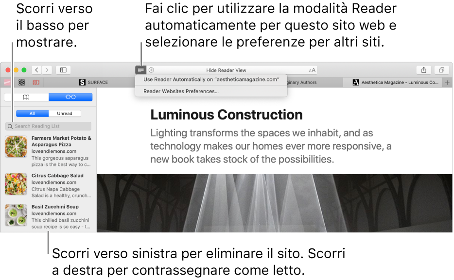Una finestra di Safari con “Elenco lettura”.