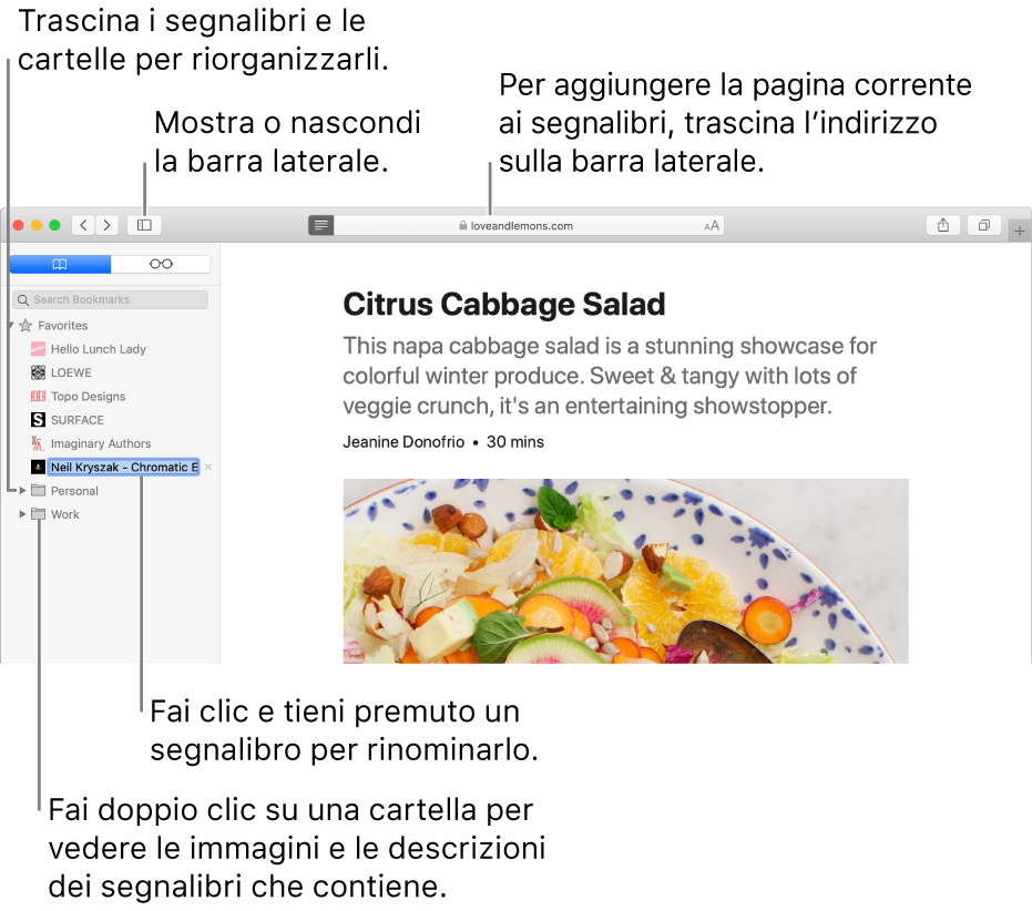 Una finestra di Safari che mostra i segnalibri nella barra laterale; un segnalibro è selezionato per la modifica.