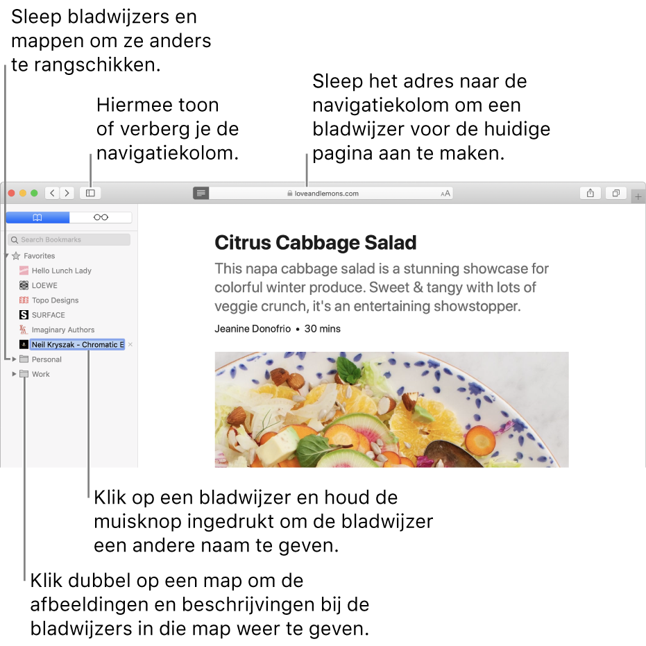 Een Safari-venster met bladwijzers in de navigatiekolom, waarvan één bladwijzer is geselecteerd om te worden gewijzigd.