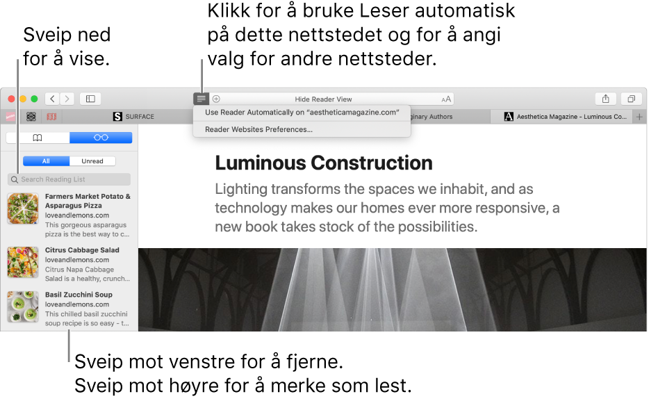 Et Safari-vindu der en leseliste vises.