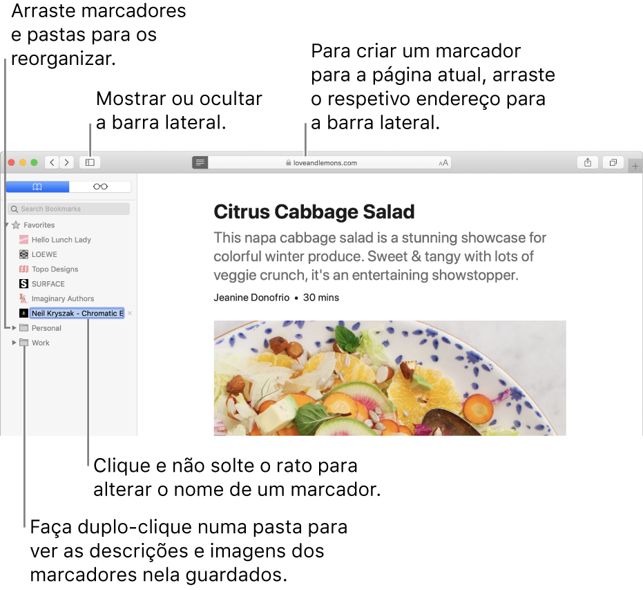 A janela do Safari com os marcadores na barra lateral; está selecionado um marcador para edição.