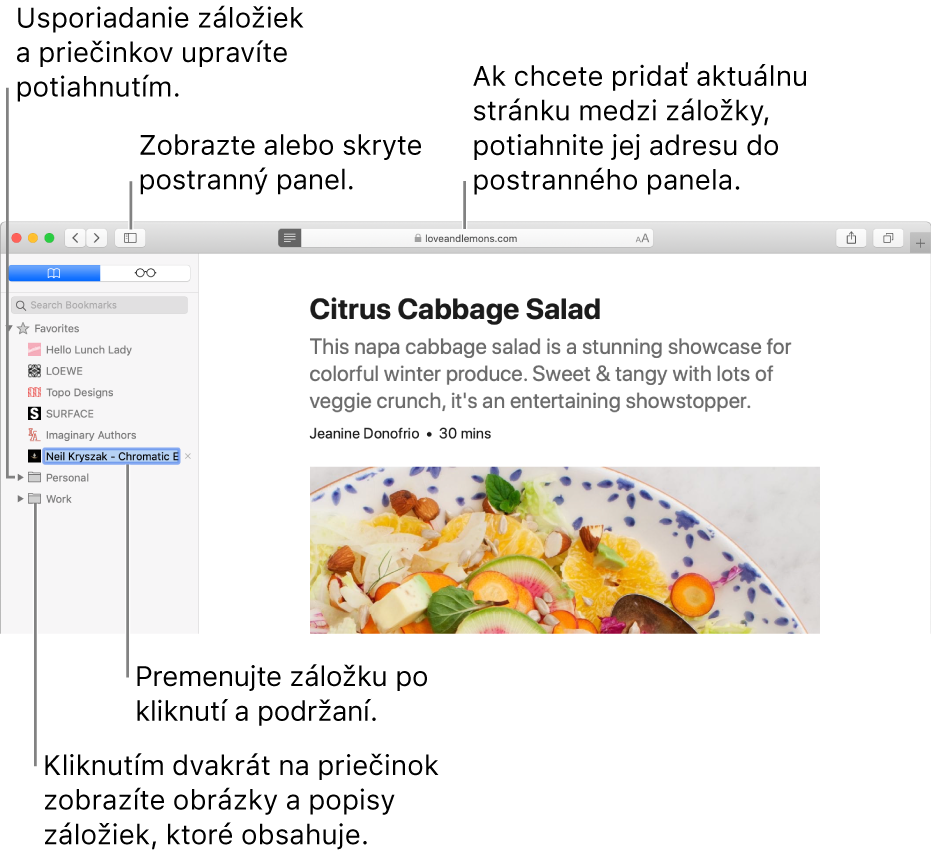 Okno Safari zobrazujúce záložky v postrannom paneli. Jedna záložka je vybraná na úpravu.