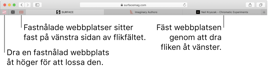 Fastnålade webbplatser i flikfältet i Safari.