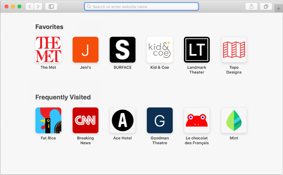 หน้าเริ่มต้นของ Safari ที่แสดงเว็บไซต์โปรดและเว็บไซต์ที่เยี่ยมชมบ่อย