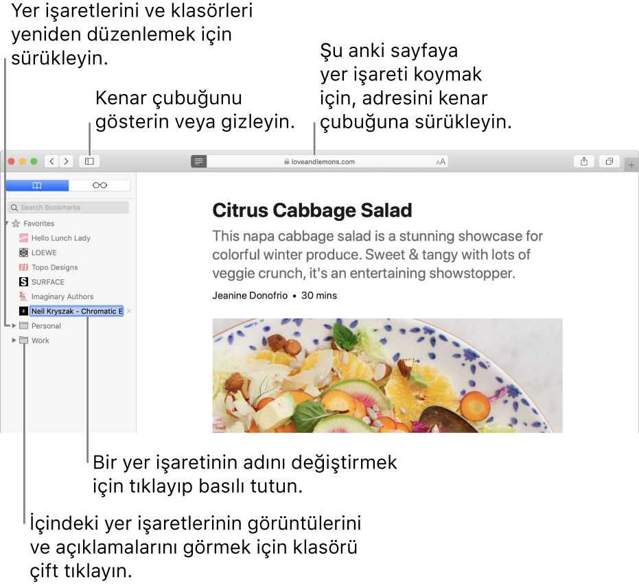 Kenar çubuğunda yer işaretlerini gösteren Safari penceresi; yer işaretlerinden biri düzenleme için seçilmiş.