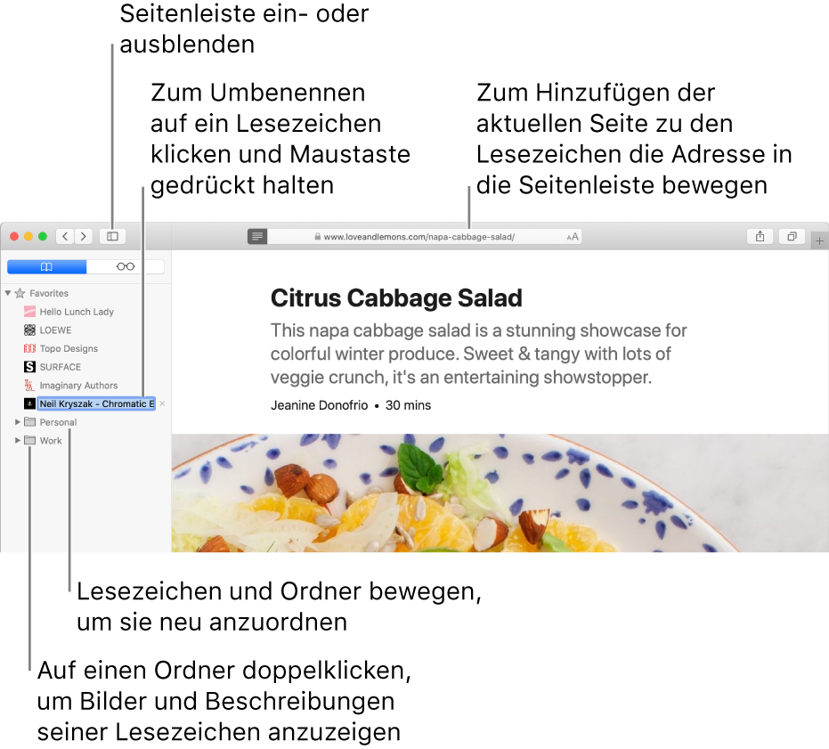 Ein Safari-Fenster mit Lesezeichen in der Seitenleiste und einem zur Bearbeitung ausgewählten Lesezeichen.