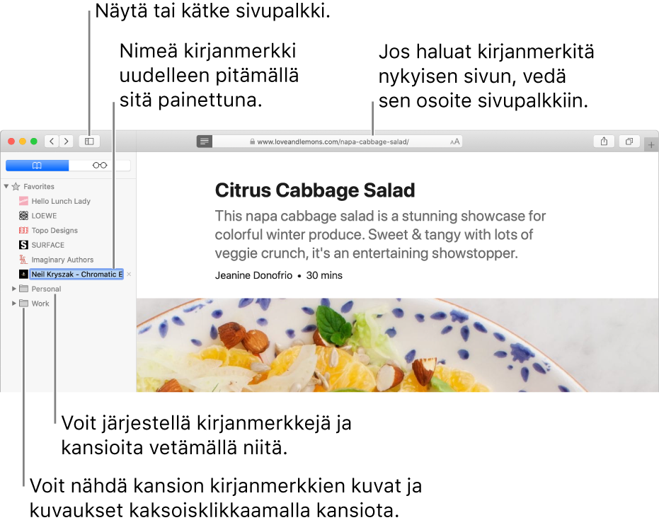 Safari-ikkuna, jonka sivupalkissa näkyy kirjanmerkkejä; yksi kirjanmerkki on valittu muokattavaksi.