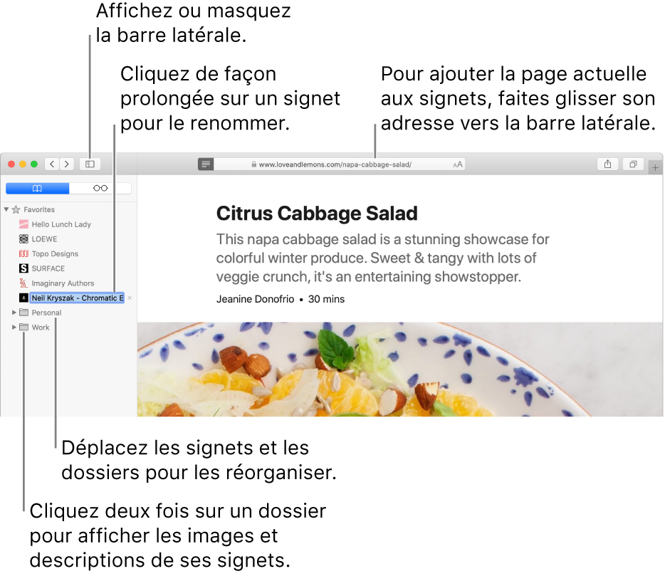 Une fenêtre Safari affichant les signets de la barre latérale; l’un d’eux est sélectionné en vue d’être modifié.