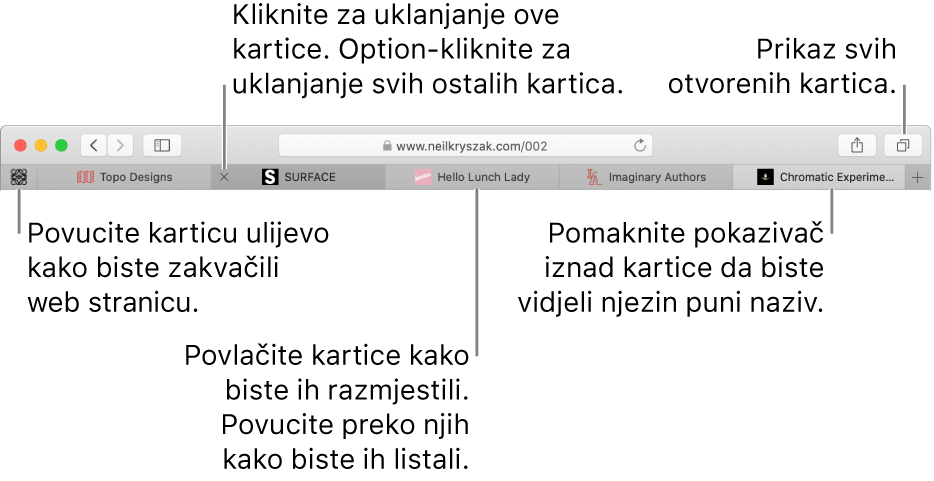 Prozor preglednika Safari s karticama.