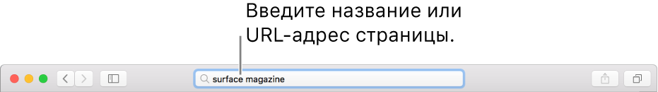 Поле смарт-поиска расположено по центру панели инструментов Safari.