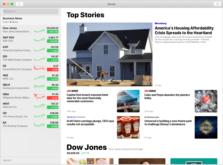 A Stocks window showing a news article.