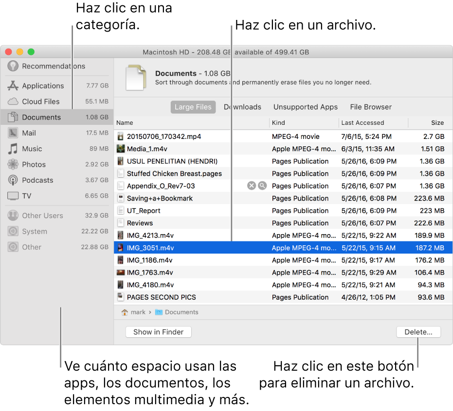 Explora las categorías de archivos para ver cuánto espacio se está usando, buscar archivos y eliminar los archivos que ya no necesites.