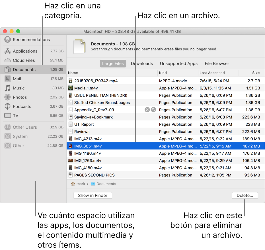Revisa las categorías de archivos para ver cuánto espacio se está utilizando, encontrar archivos y eliminar los que ya no necesites.