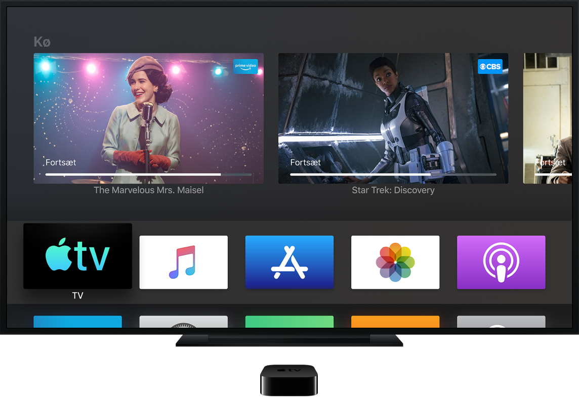 Apple TV, der er sluttet til et fjernsyn, som viser hjemmeskærmen