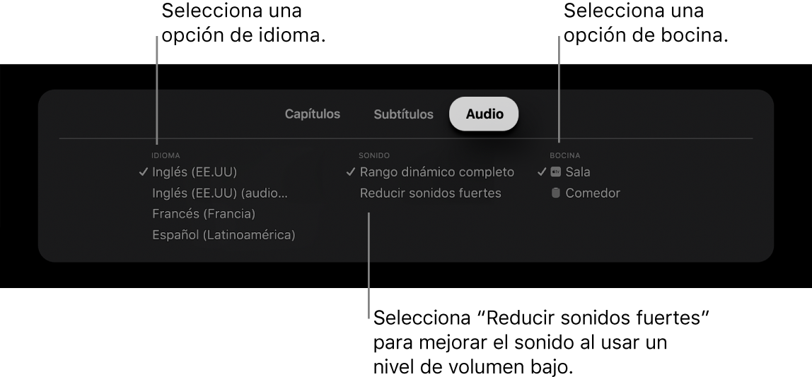 Pantalla de la reproducción mostrando el menú desplegable Audio con la opción "Reducir sonidos fuertes" seleccionada