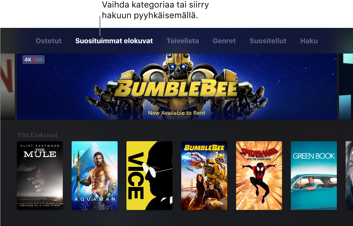 iTunes-elokuvien Koti-valikko