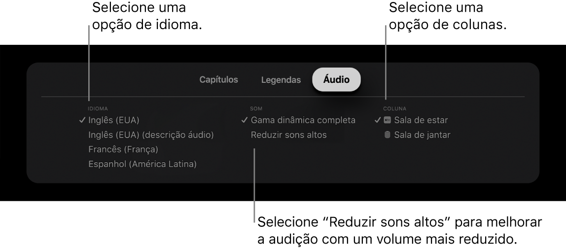 Ecrã de reprodução a mostrar o pull-down Áudio e a opção “Reduzir sons altos” selecionada