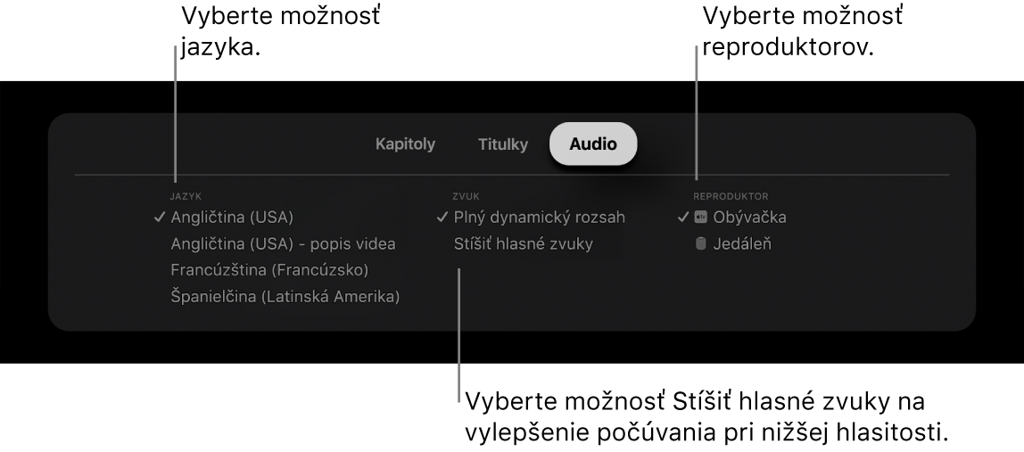 Obrazovka prehrávania s vyskakovacím menu Audio a vybranou možnosťou Stíšiť hlasné zvuky