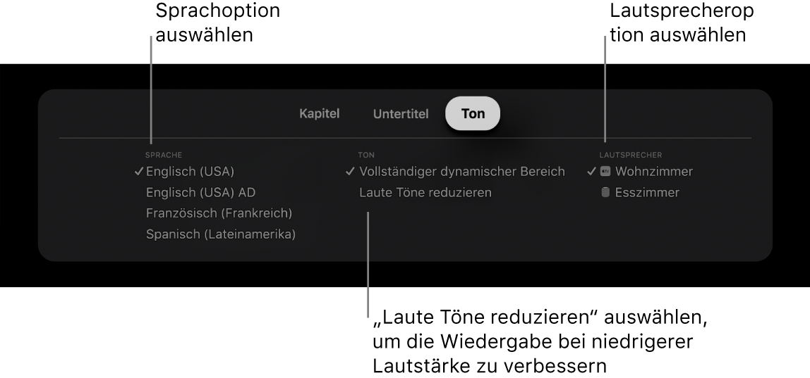 Wiedergabebildschirm mit Einblendmenü „Audio“ und ausgewählter Option „Laute Töne reduzieren“