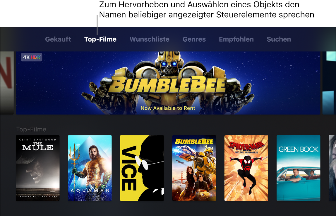 iTunes Movies Store mit Befehlen, die gesprochen werden können