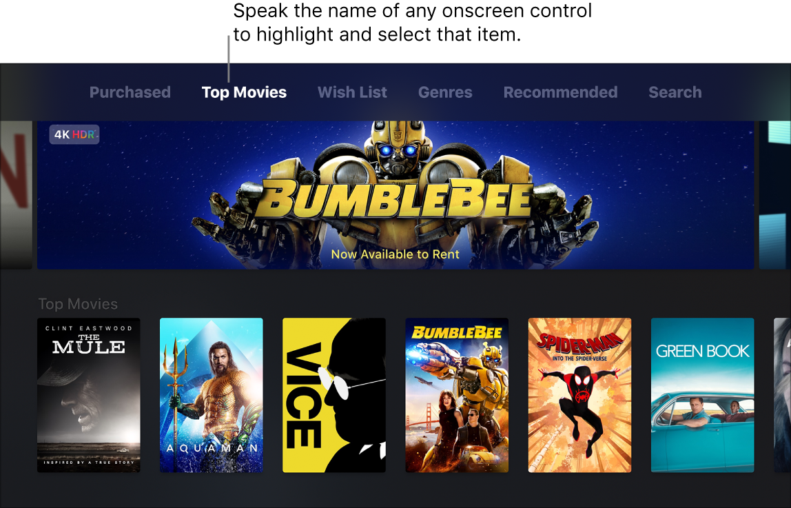 iTunes Movies Store showing menu commands that can be spoken