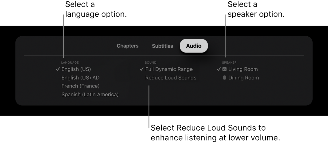 Playback screen showing Audio pull-down and Reduce Loud Sounds selected