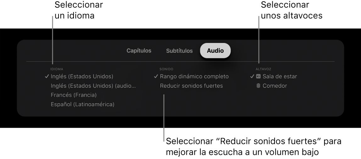 Pantalla de reproducción con el menú desplegable Audio abierto y la opción “Reducir sonidos fuertes” seleccionada.