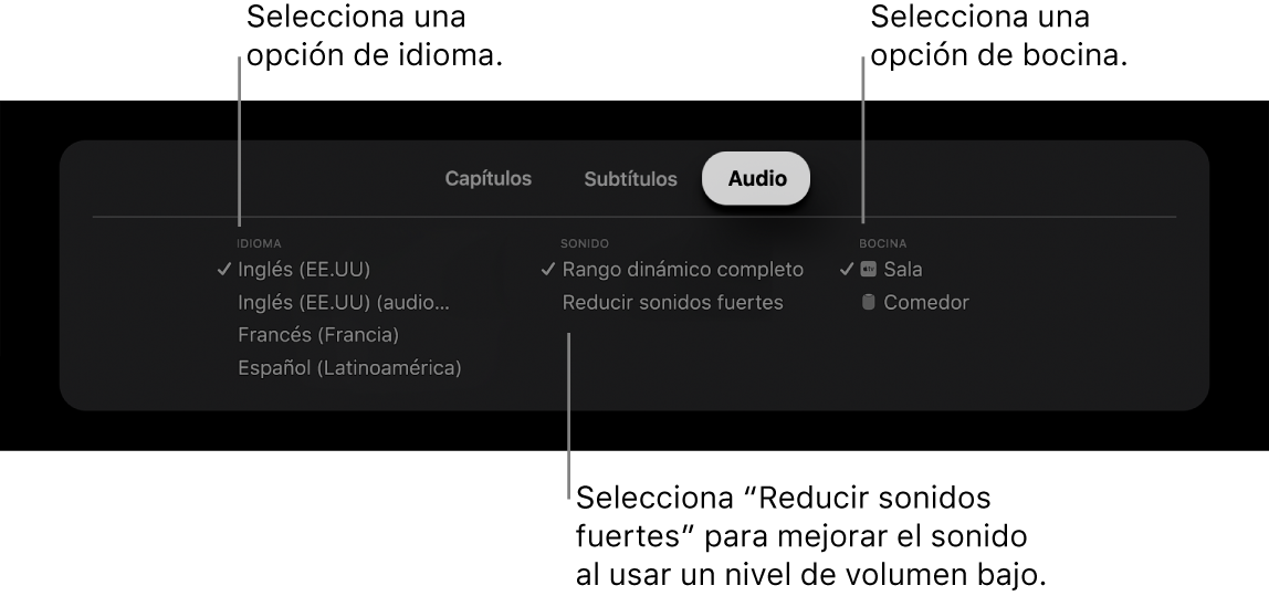Pantalla de la reproducción mostrando el menú desplegable Audio con la opción "Reducir sonidos fuertes" seleccionada
