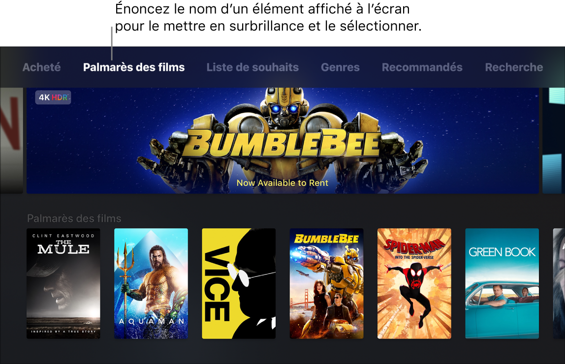 Boutique iTunes Movie affichant les commandes du menu pouvant être dictées