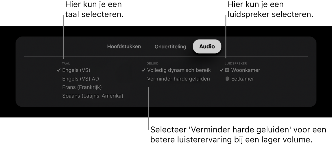 Afspeelscherm met de lijst 'Audio' en 'Verminder harde geluiden' geselecteerd