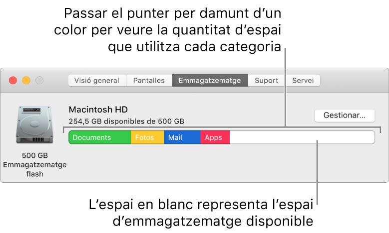 Situa el punter sobre un color per veure la quantitat d’espai que utilitza cada categoria. L’espai en blanc representa l’espai d’emmagatzematge lliure.