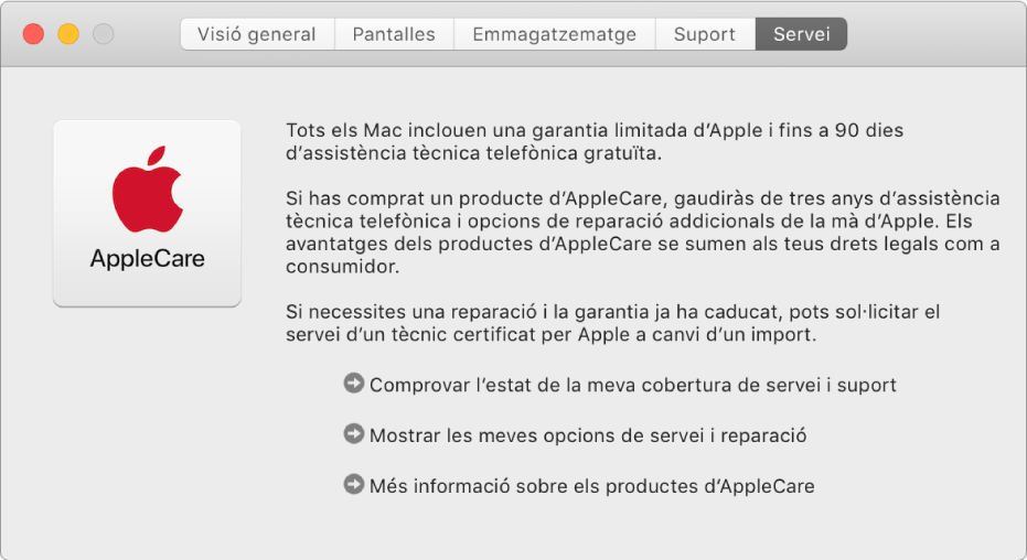 El tauler Servei de la Informació del Sistema, que mostra les opcions del servei AppleCare.