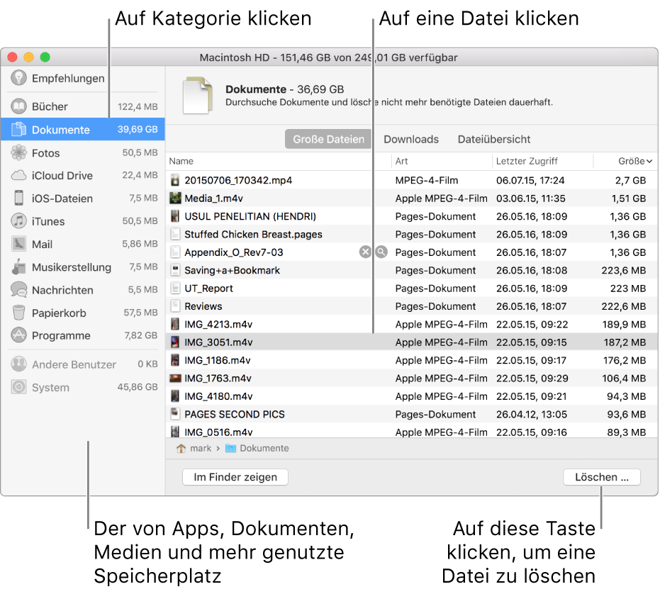 Sieh dir die verschiedenen Dateikategorien an, um festzustellen, wie viel Speicherplatz verwendet wird, um Dateien zu finden und um nicht mehr benötigte Dateien zu löschen.