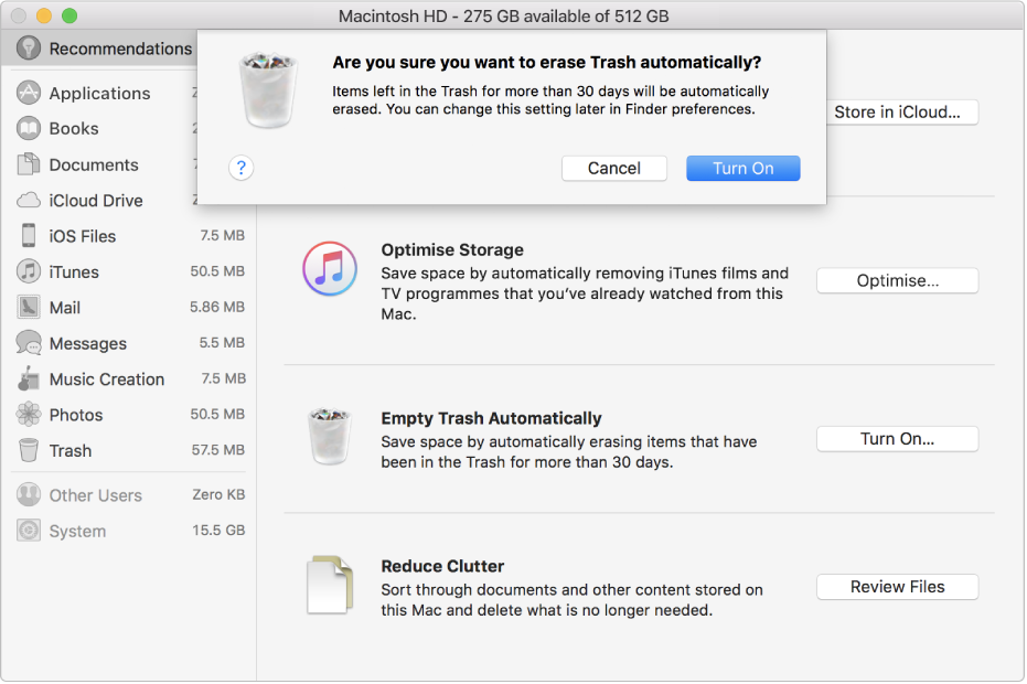 The “Are you sure you want to erase Trash automatically” dialogue in the Storage Recommendations window.