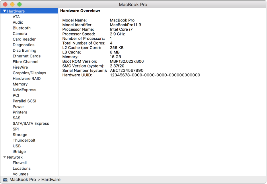 The Hardware specifications section of a System Report.