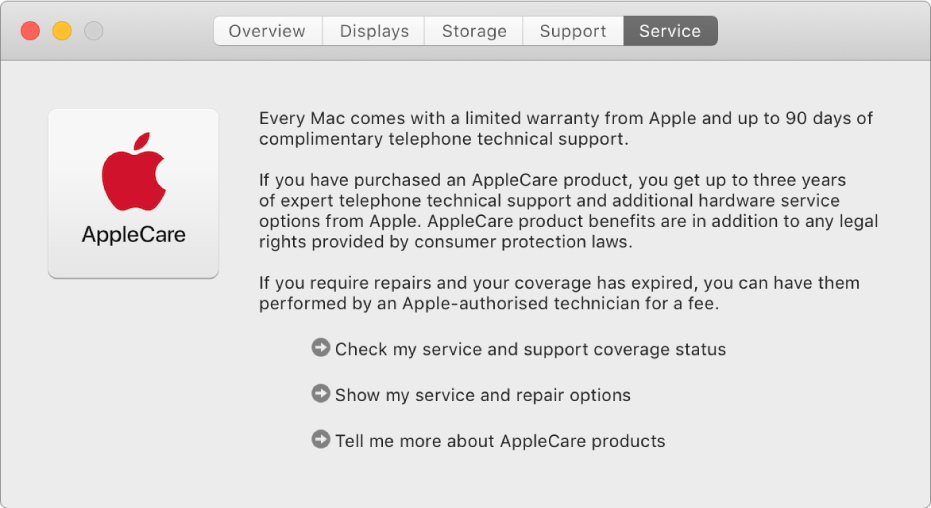 The Service pane in System Information, showing the AppleCare service options.