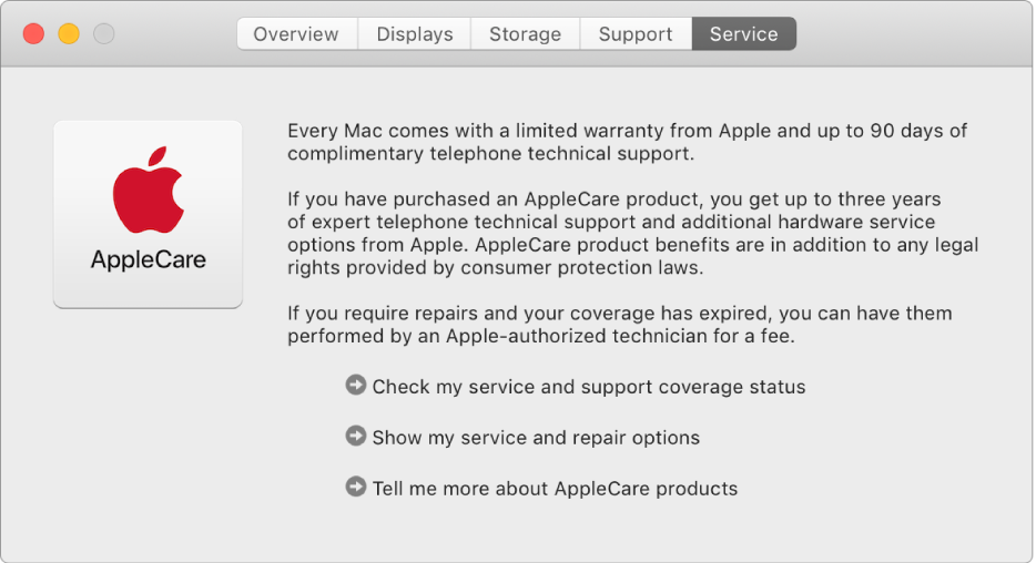 The Service pane in System Information, showing the AppleCare service options.
