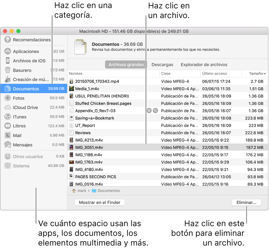 Explora las categorías de archivos para ver cuánto espacio se está usando, buscar archivos y eliminar los archivos que ya no necesites.