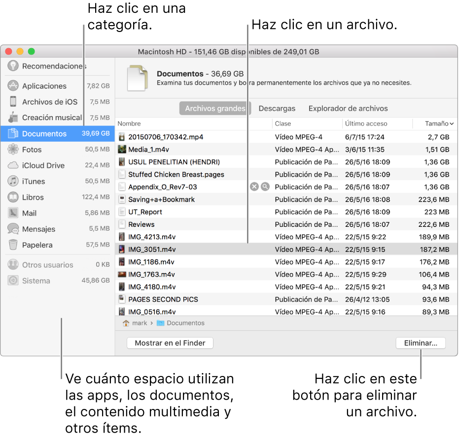 Revisa las categorías de archivos para ver cuánto espacio se está utilizando, encontrar archivos y eliminar los que ya no necesites.